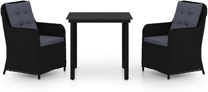 3 Piece Patio Dining Set Black Outdoor Rattan Furniture with Cushions for Garden Backyard Porch, Glass Table and 2 Chairs Weatherproof