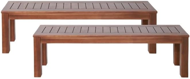 69'' Outdoor Patio Dining Table & 2 Bench for 4, Acacia Wood Farmhouse Dining Table Set Outdoor & Indoor Furniture for Patio Porch Garden, 3-Pcs, Dark Brown