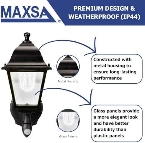 MAXSA 44219-RS Battery-Run Motion-Activated Outdoor Metal Sconce Black | Metal and Glass Battery-Powered No Wiring, 13x8.5x6" Motion Operated, Screw into Wall, Black Cool White LEDs Amazon Exclusive