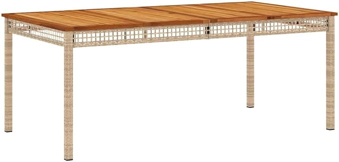 Beige Patio Table 70.9"x35.4"x29.5" with Acacia Wood Top and Poly Rattan Base for Garden, Backyard
