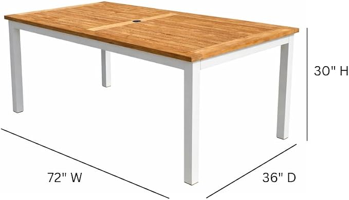 Hives & Honey Catalina Rectangular Outdoor Dining Table, Grade-A Teak Wood Patio Table with Aluminum Legs & Umbrella Hole, Seats 4–6, White
