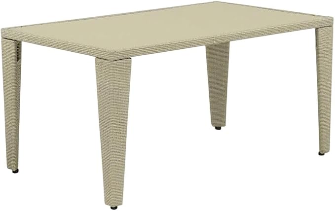 Beige Outdoor Wicker Dining Table Rectangle Pe Wicker with Glass Top, 36X60 Inch, Weather-Resistant, Stylish for Patio and Garden Use