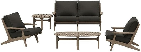 Modway Saratoga 5-Piece Teak Wood Outdoor Furniture Set in Weathered Gray Flint - Patio Conversation Set with Loveseat, 2 Armchairs, Side Table and Coffee Table