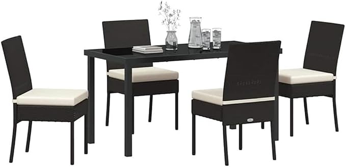 Afuera Living 5 Piece Poly Rattan Garden Dining Set, Black Finish, Powder-Coated Steel Frame, UV-Resistant Material, Removable Cushions with Zipper, Modern Patio or Garden Seating for Outdoor Dining