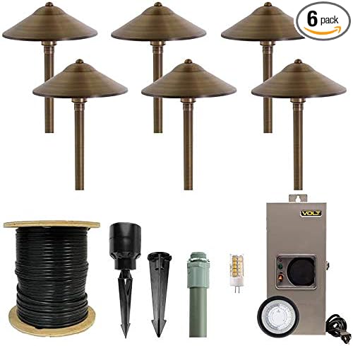 VOLT 12V Max Spread 2700K LED Path Light 6-Pack Kit (Bronze) | Solid Brass Fixtures, 150W Low Voltage Transformer, 3W G4 LED Bulbs Produce 300 Lumens of Warm White Light