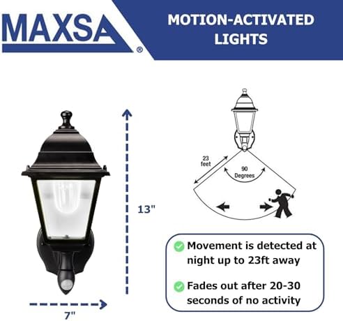 MAXSA 44219-RS Battery-Run Motion-Activated Outdoor Metal Sconce Black | Metal and Glass Battery-Powered No Wiring, 13x8.5x6" Motion Operated, Screw into Wall, Black Cool White LEDs Amazon Exclusive
