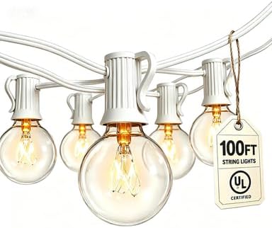 Outdoor String Light, 100Ft Waterproof Patio Lights with 105 Glass Bulbs | E12 Socket Base, UL Listed Connectable, Hanging Light for Patio Lights Bars Party Decor, White