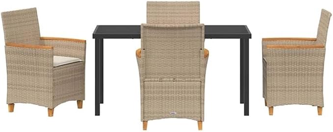 Afuera Living 5 Piece Poly Rattan Patio Dining Set, Brown Finish, Glass Tabletop, Weather-Resistant Steel Frame, UV-Resistant Rattan, Wooden Armrests, Seating for 4, Modern Garden or Terrace Furniture