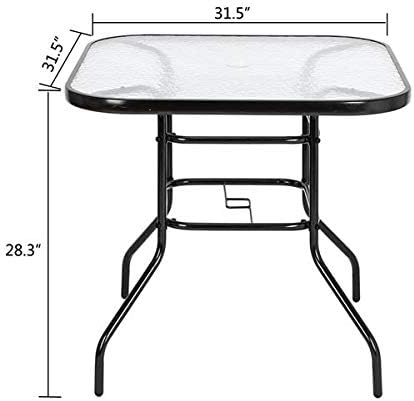 Outdoor Dining Table, Patio Bistro Tempered Glass Table Top with Umbrella Hole, Outside Banquet Furniture for Garden Pool Side Deck Lawn (Square)