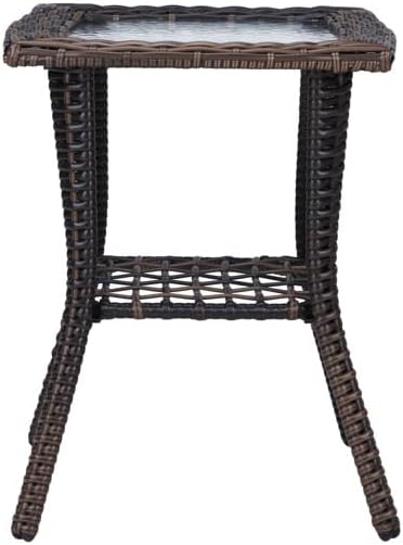Outdoor Wicker Side Table, Rattan End with Glass Top, Patio Coffee Bistro for Indoor Garden Porch Balcony (Brown)