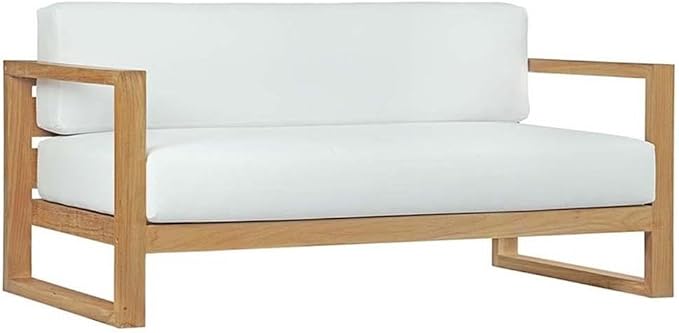 Pemberly Row 8-Piece Teak Patio Sofa Set, Natural Wood and White Finish, Includes Sofa, Armchairs, Ottomans, Coffee Table and Side Tables, Modern Outdoor Furniture with Washable Cushions