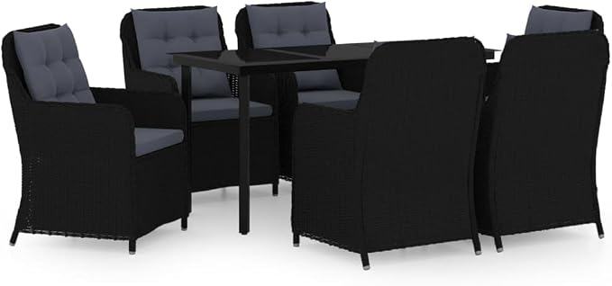 7 Piece Patio Dining Set Black Outdoor Rattan Furniture with Cushions and Glass Tabletop for Garden Backyard Entertaining Weather Resistant