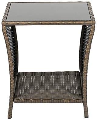 Outdoor Small Patio Table - PE Rattan Coffee Table, Wicker Side Table for Patio, Balcony & Porch, Durable & Iron Frame (2, Dark Blonde)
