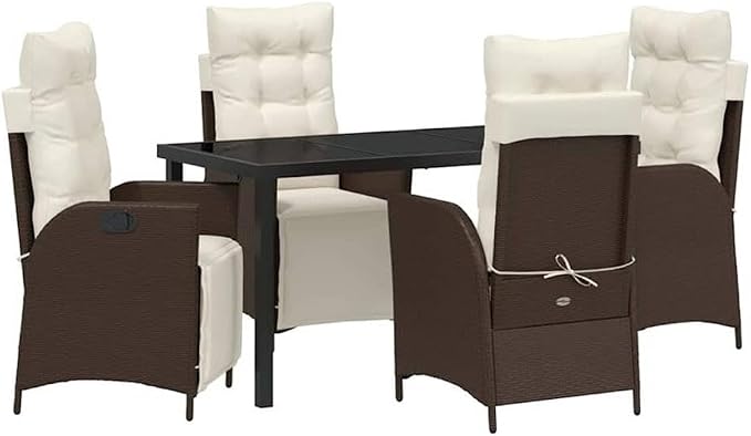 Afuera Living 5 Piece Poly Rattan Garden Dining Set, Brown Finish, Cushioned Seats with Polyester Pads, Adjustable Footrests, Rectangular Table with Tempered Glass, Modern Outdoor Patio Furniture for