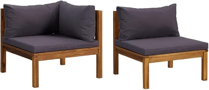 2 Piece Sofa Set with Dark Gray Cushions, Solid Acacia Wood Outdoor Conversation Set Sectional Sofa with Middle Sofa, Corner Sofa for Garden, Patio, Balcony, Backyard,-421
