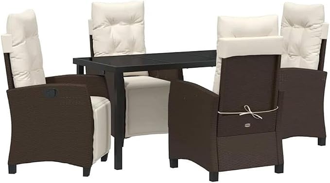 Afuera Living 5 Piece Poly Rattan Garden Dining Set, Brown Woven Texture, Cushioned Chairs, Glass-Topped Table, Steel Frame, Modern Patio Furniture for Outdoor Dining, Garden, Terrace, Summer Use