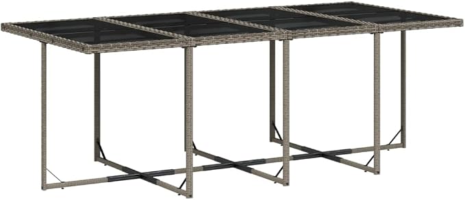 9 Piece Garden Dining Set with Cushions Grey Poly Rattan Outdoor Patio Furniture Table and 8 Chairs with Navy Blue Washable Seat Cushions Folding Backrest Tempered Glass for Al Fresco Dining