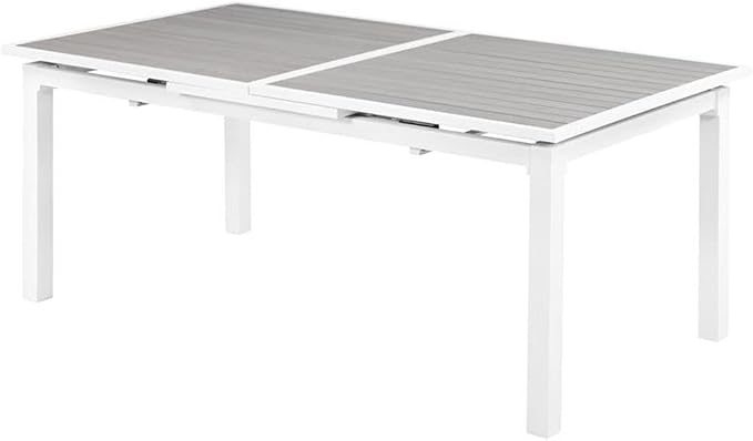 Pemberly Row Outdoor Extendable Patio Dining Table, 100.5" x 39" x 30", Gray Plastic Wood and White Aluminum, Contemporary Design, Includes Attachable Leaf, Ideal for Outdoor Entertaining
