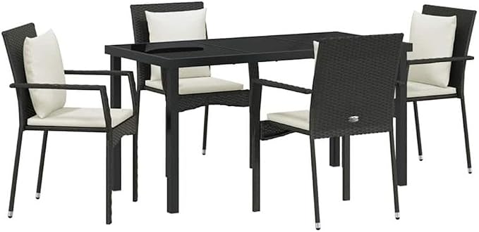 Afuera Living 5 Piece Patio Dining Set, Poly Rattan & Steel, Black Finish, Includes Cushions, Tempered Glass Tabletop, Seats 4, Modern Outdoor Dining Set for Garden, Patio, Backyard, Weather-Resistant