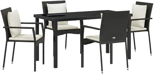Afuera Living 5 Piece Patio Dining Set, Poly Rattan & Steel, Black Finish, Includes Cushions, Tempered Glass Tabletop, Seats 4, Modern Outdoor Dining Set for Garden, Patio, Backyard, Weather-Resistant