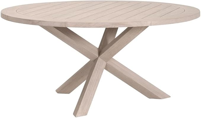 MAKLAINE 63" Round Outdoor Dining Table, Solid Teak Wood, Natural Finish, Slatted Picnic-Style Design, Seats Up to 5, Durable Multi-Step Finish, Spacious Patio Use