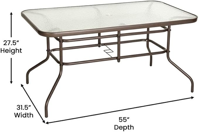 Afuera Living Rectangular Glass Metal Patio Table, 31.5" x 55", Bronze Frame, Clear Tempered Glass Top with Rippled Design and 2.5" Umbrella Hole, Seats 6, All-Weather Outdoor Dining Table