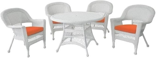 Jeco 5 Piece Resin Wicker Outdoor Patio Dining Set in White with Orange Cushion