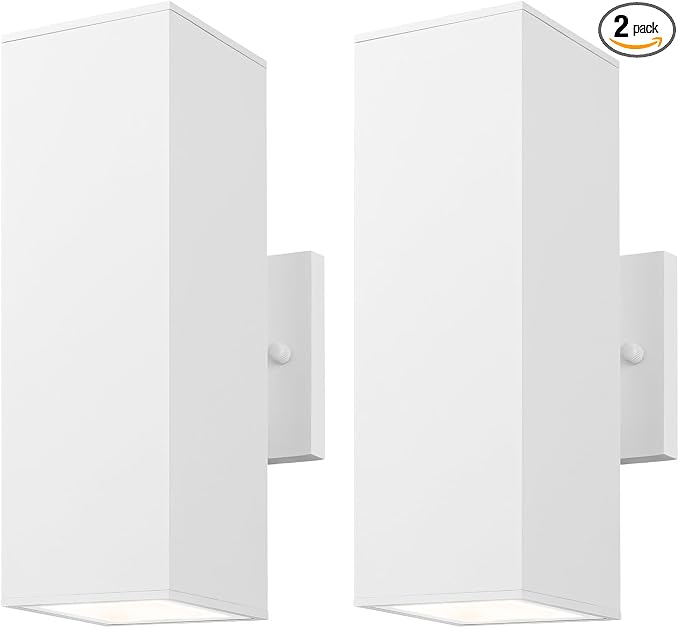 mirrea 12" Modern Outdoor Porch Light in 2 Lights, Matte White, 2 Pack | Patio wall sconce, aluminum rectangular tube, tempered glass, waterproof. Up & down lighting for outdoor wall mount fixture.