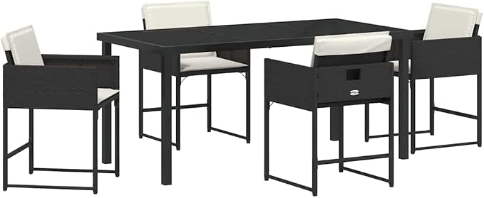 5 Piece Garden Dining Set, Black Poly Rattan Patio Furniture Table and 4 Chairs for Outdoor Backyard Deck Porch