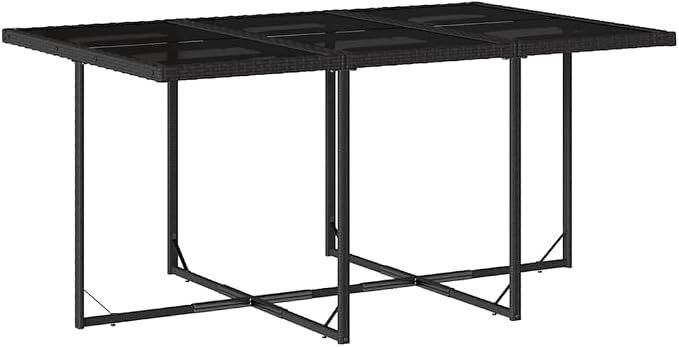 7 Piece Patio Dining Set with Cushions Black Poly Rattan Outdoor Furniture Table and 6 Folding Chairs Tempered Glass Top UV-Proof for Garden Backyard Deck Entertaining 242.5 lb Capacity
