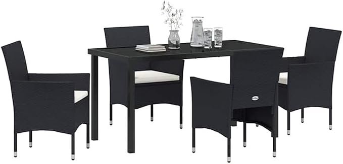 Afuera Living 5-Piece Poly Rattan Patio Dining Set, Black Finish, Weather-Resistant Cushions, Powder-Coated Steel Frame, Tempered Glass Table, Seating for 4, Modern Style Outdoor Furniture for Garden