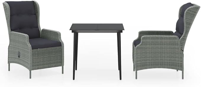3 Piece Patio Dining Set Light Gray Outdoor Rattan Furniture with Reclining Chairs, Cushions and Glass Table for Garden Balcony Deck Breakfast Coffee Conversation