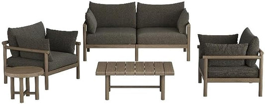 Modway Eleni 5-Piece Outdoor Teak Wood Patio Furniture Set in Weathered Gray Flint – Backyard Conversation Set with Loveseat, 2 Armchairs, Side Table, and Coffee Table
