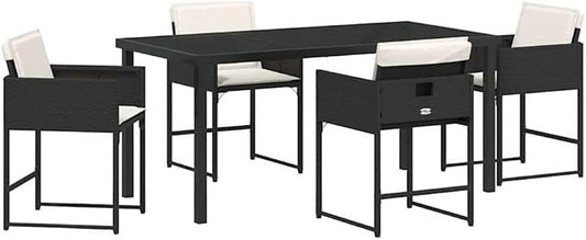 Afuera Living 5 Piece Patio Dining Set, Poly Rattan with Cushions, Black Finish, Tempered Glass Table, Lightweight Durable Design, Seating for 4, Modern Outdoor Furniture for Garden, Patio, Terrace