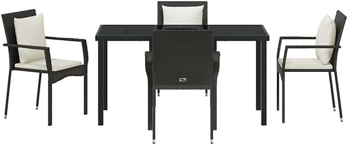 Afuera Living 5 Piece Patio Dining Set, Poly Rattan & Steel, Black Finish, Includes Cushions, Tempered Glass Tabletop, Seats 4, Modern Outdoor Dining Set for Garden, Patio, Backyard, Weather-Resistant