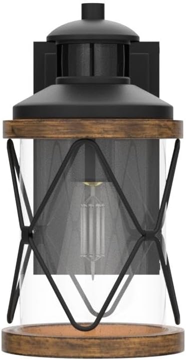 Dusk to Dawn Motion Sensor Outdoor Porch Light with GFCI Outlet,3 Lighting Modes Anti-Rust Waterproof Industrial Outdoor Lantern,Exterior Work lights Rustic Wood-Like Finish Wall Light (Brown, 1 Pack)