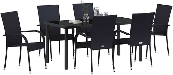 Afuera Living 7 Piece Poly Rattan Patio Dining Set, Black Finish, Powder-Coated Steel Frame, Seating for 6, Weather-Resistant Outdoor Furniture, Rectangular Design for Garden, Balcony, or Backyard Use