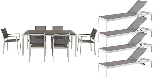 Pemberly Row 11-Piece Modern Aluminum Patio Dining Set, Gray/White Finish, Includes 71-Inch Dining Table, 6 Stackable Chairs, 4 Reclining Loungers, Durable Weather-Resistant Outdoor Furniture for