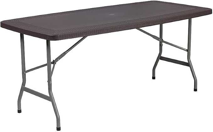 Flash Furniture Elon 5.62-Foot Brown Rattan Indoor-Outdoor Plastic Folding Table with Umbrella Hole