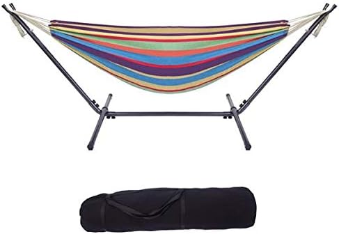 HopeHope Cotton Hammock with Space Saving Steel Stand, Tropical Hammock for Patio Porch Garden Backyard Lounging Outdoor and Indoor Rainbow(450 lb Capacity - Premium Carry Bag Included)