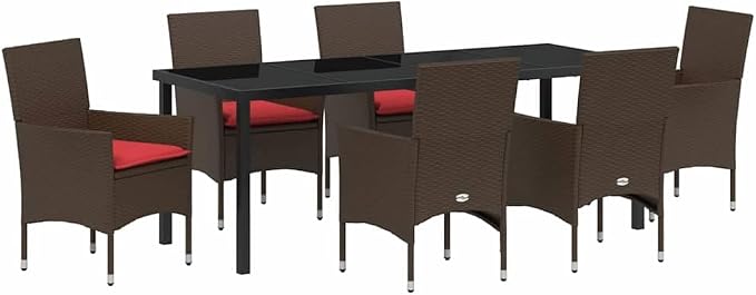 7-Piece Outdoor Dining Set with Cushions, Brown PE Rattan Garden Table and 6 Chairs, Weather-Resistant Patio Furniture for Backyard, Deck, and Kitchen
