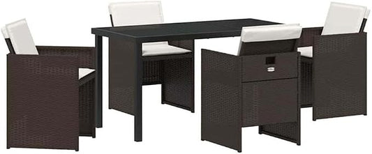 Afuera Living 5 Piece Patio Dining Set, Poly Rattan with Cushions, Brown Finish, Tempered Glass Table, Powder-Coated Steel Legs, Weather-Resistant Outdoor Seating for Gardens, Patios, or Backyard Use