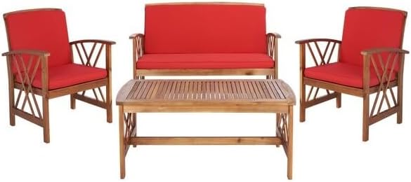 SAFAVIEH Outdoor - Fontana 4-Piece Conversation Set - Brown & Red - Solid Wood - Double-X Motif with Cushions - Ideal for Patio, Deck, Porch, Backyard (PAT7008R)
