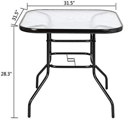 32in Outdoor Table Patio Dining Table Outdoor Dining Table with Umbrella Hole Square Tempered Glass for Yard Bistro Lawn Balcony (Black, Square 31x31x28in)