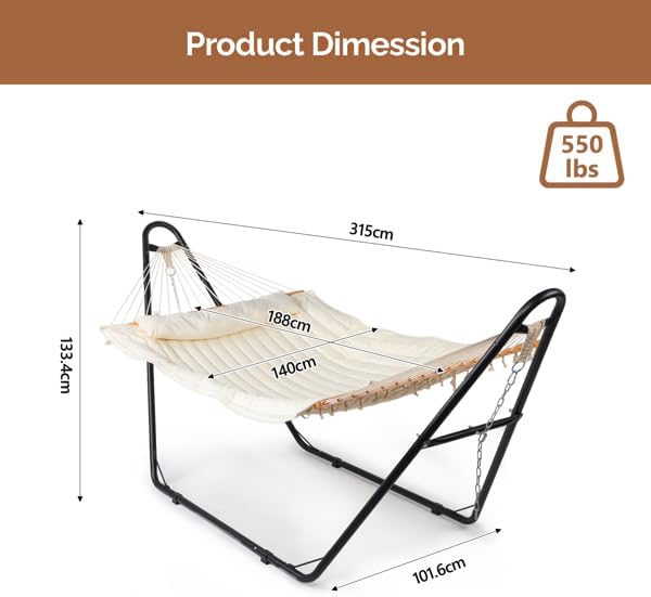 Double Hammock with Steel Stand, Quilted Pad and Pillow Included | Adjustable Steel Chain, Removable Quilted Pad, Wooden Spreader Bar, Indoor & Outdoor Use, 2-Person Capacity