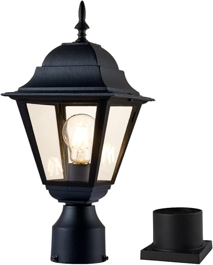 Windben Outdoor Post Light, Waterproof, 16.5in, Matte Black | Cast Aluminum Anti-Rust, Tempered Glass Panels, Comes with Pier Mount Base, For Garden, Yard, Driveway