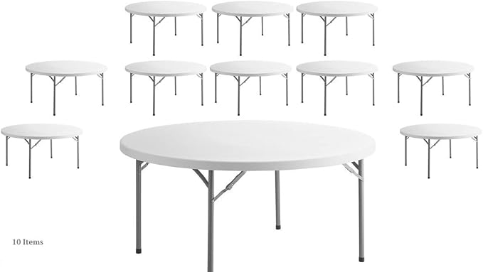 PRO&Family 10 Pack! 60" / 150 Cm White Foldable Round Table Round Temporary Plastic Circle Table Portable Bar Table for Party Outdoor Folding Plastic Table 60 Inch Round