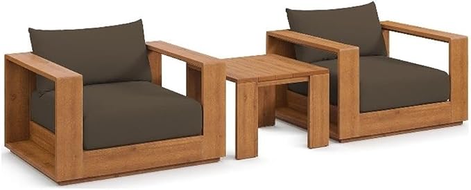 Modway Tahoe Acacia Wood 3-Piece Outdoor Patio Furniture Set in Natural Cocoa - Includes 2 Lounge Chairs with Weather-Resistant Cushions and Side Table