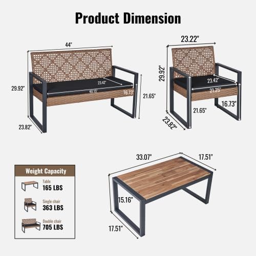 4-Piece Patio Furniture Set,Outdoor Wicker Conversation Sets with Wood Coffee Table,Heavy Duty PE Rattan Sectional Sofa Couch w/Washable Cushions for Backyard Balcony Porch Poolside (Vintage Brown A)