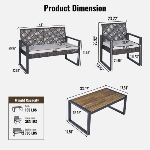 4-Piece Patio Furniture Set,Outdoor Wicker Conversation Sets with Wood Coffee Table,Heavy Duty PE Rattan Sectional Sofa Couch w/Washable Cushions for Backyard Balcony Porch Poolside (Vintage Brown)